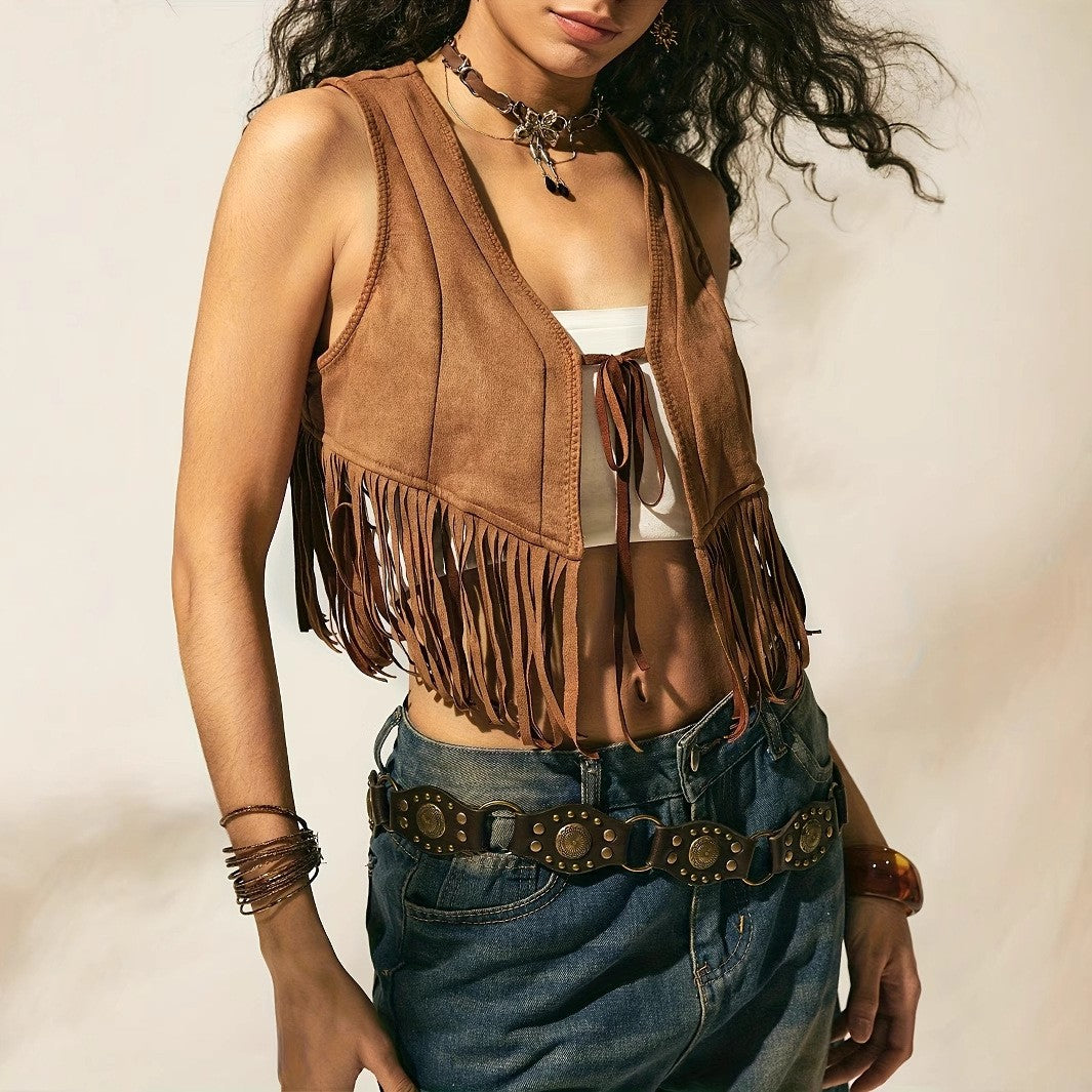 Aeloria Lace-Up Fringe Vest